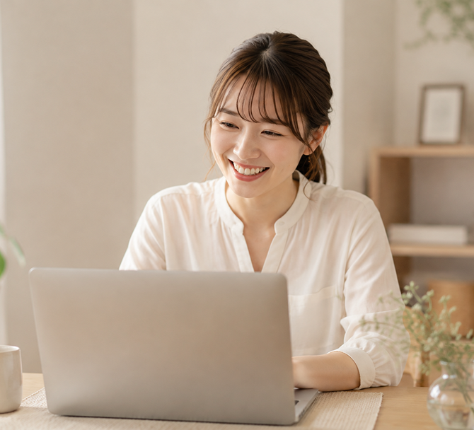 自宅で働く女性の写真